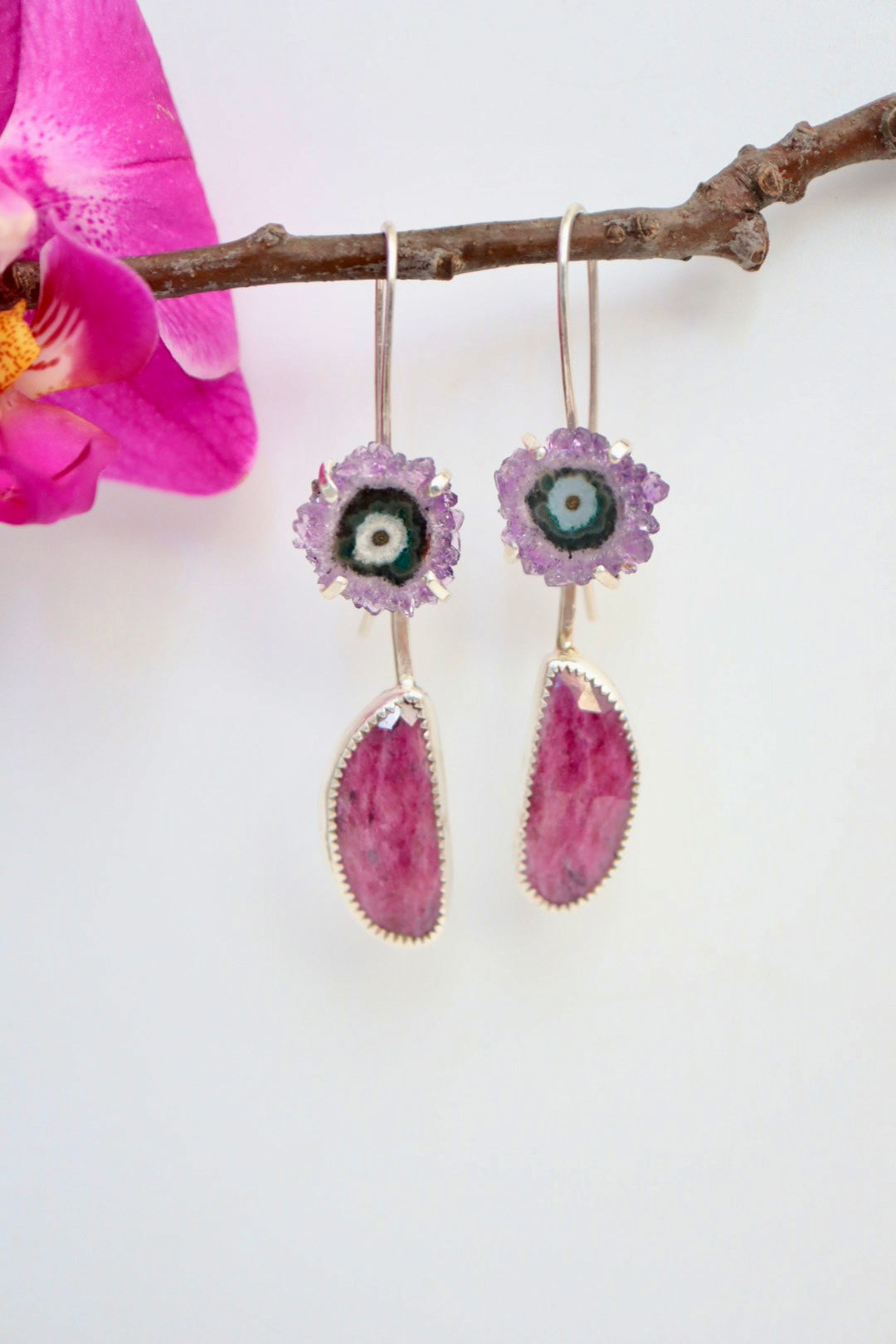 Amethyst stalactite and Ruby Earrings, two in one, handmade 925 sterling silve