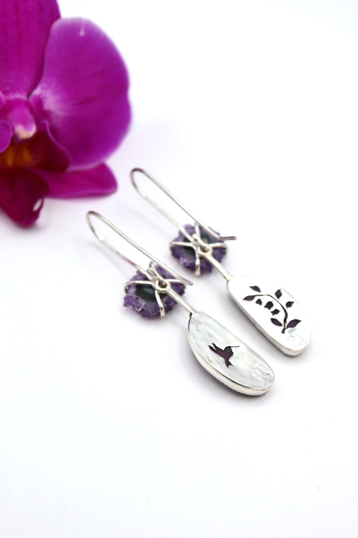 Amethyst stalactite and Ruby Earrings, two in one, handmade 925 sterling silve