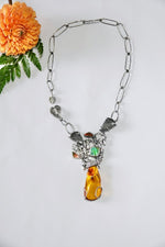 Load image into Gallery viewer, Amber insect inclusion, Jurassic Necklace black coral fossils, ammolite necklace
