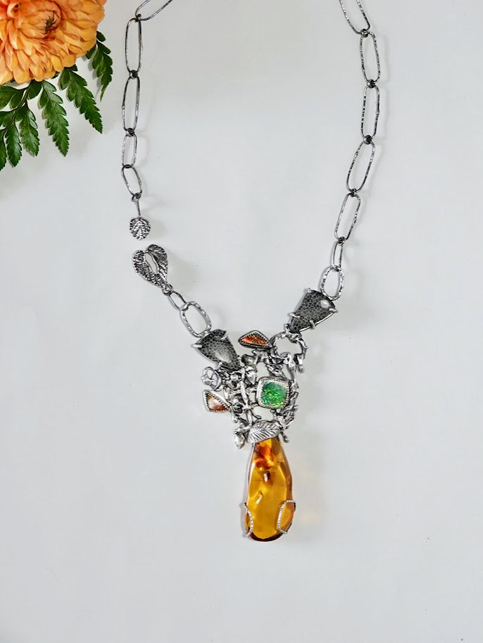 Amber insect inclusion, Jurassic Necklace black coral fossils, ammolite necklace