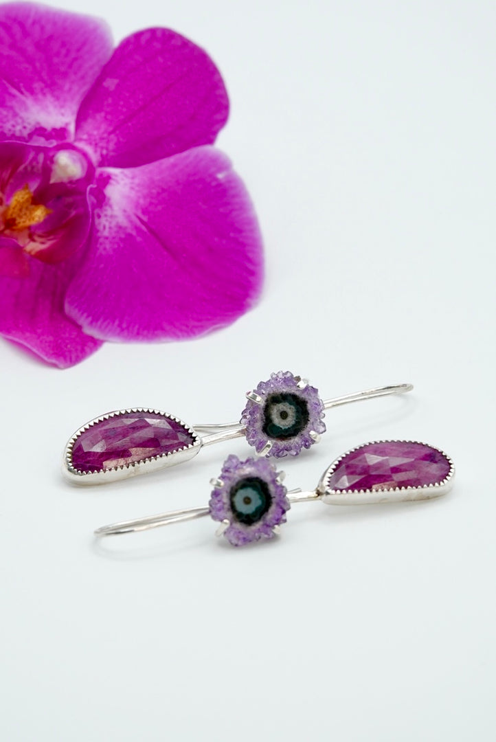 Amethyst stalactite and Ruby Earrings, two in one, handmade 925 sterling silve