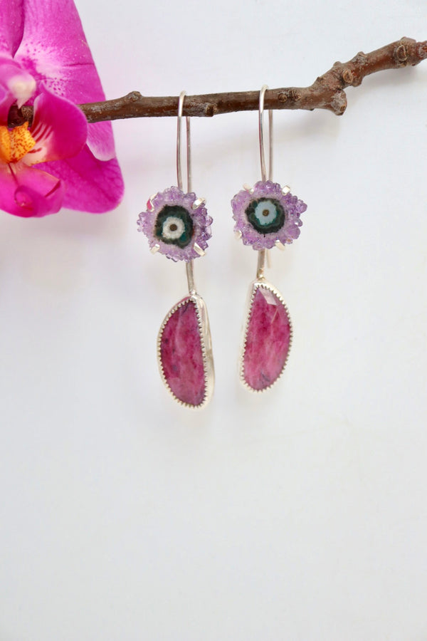 Amethyst stalactite and Ruby Earrings, two in one, handmade 925 sterling silve