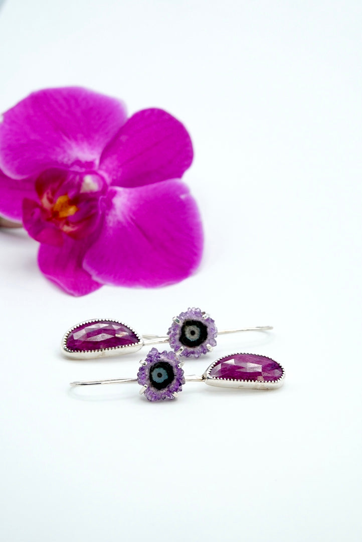 Amethyst stalactite and Ruby Earrings, two in one, handmade 925 sterling silve