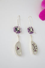 Load image into Gallery viewer, Amethyst stalactite and Ruby Earrings, two in one, handmade 925 sterling silve
