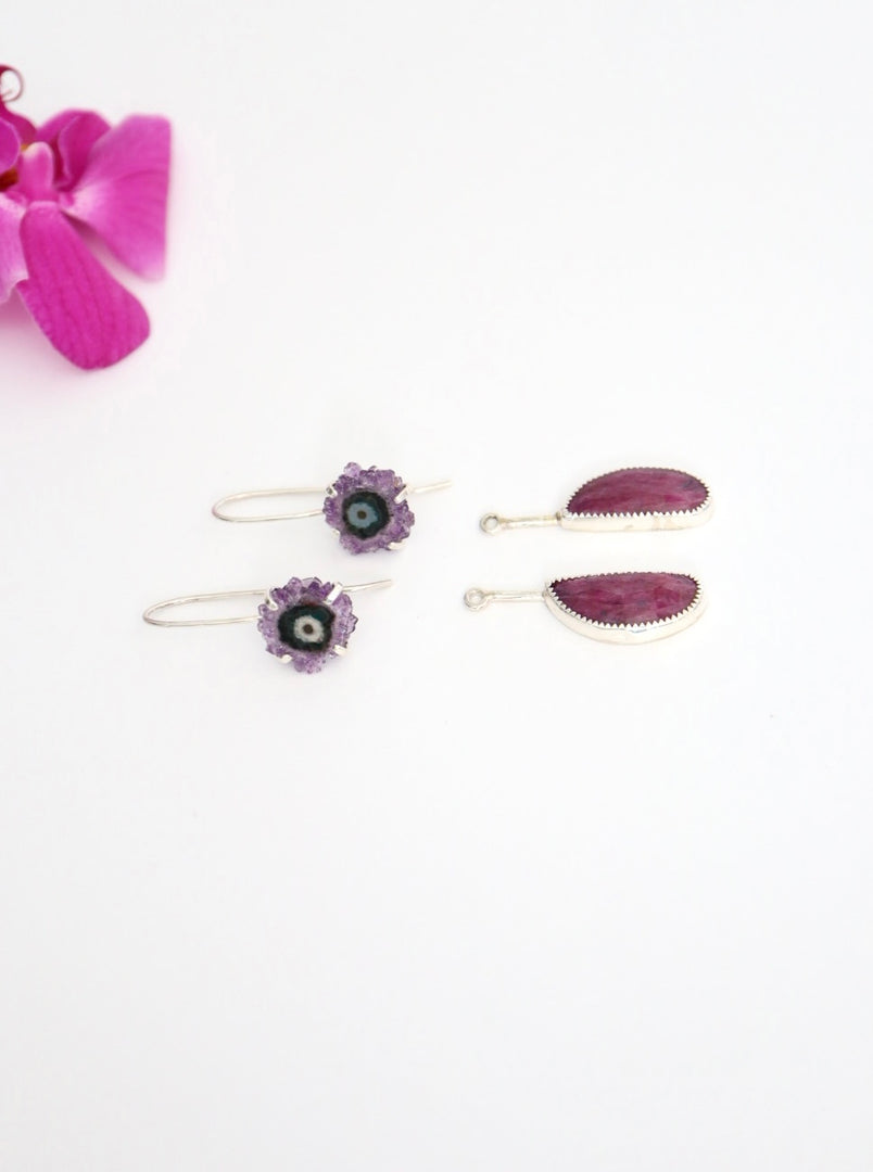 Amethyst stalactite and Ruby Earrings, two in one, handmade 925 sterling silve