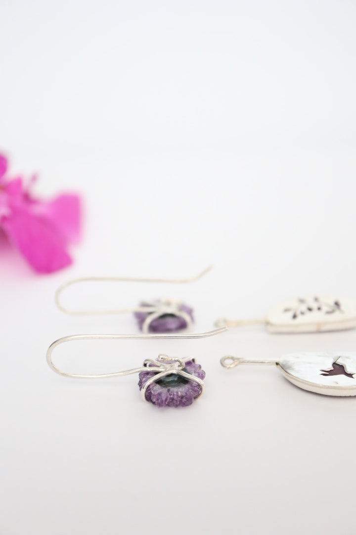 Amethyst stalactite and Ruby Earrings, two in one, handmade 925 sterling silve