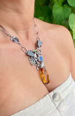 Load image into Gallery viewer, Amber insect inclusion, Jurassic Necklace black coral fossils, ammolite necklace
