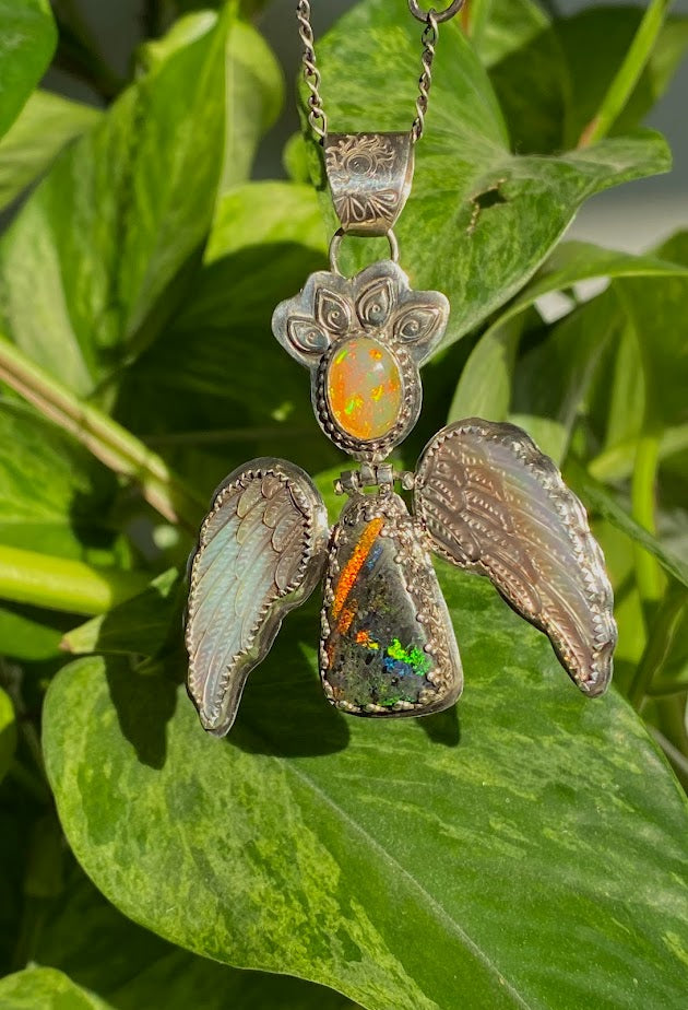 Angel necklace with opal, Andamooka Matrix Opal and hand carved Mother Pearl Wings