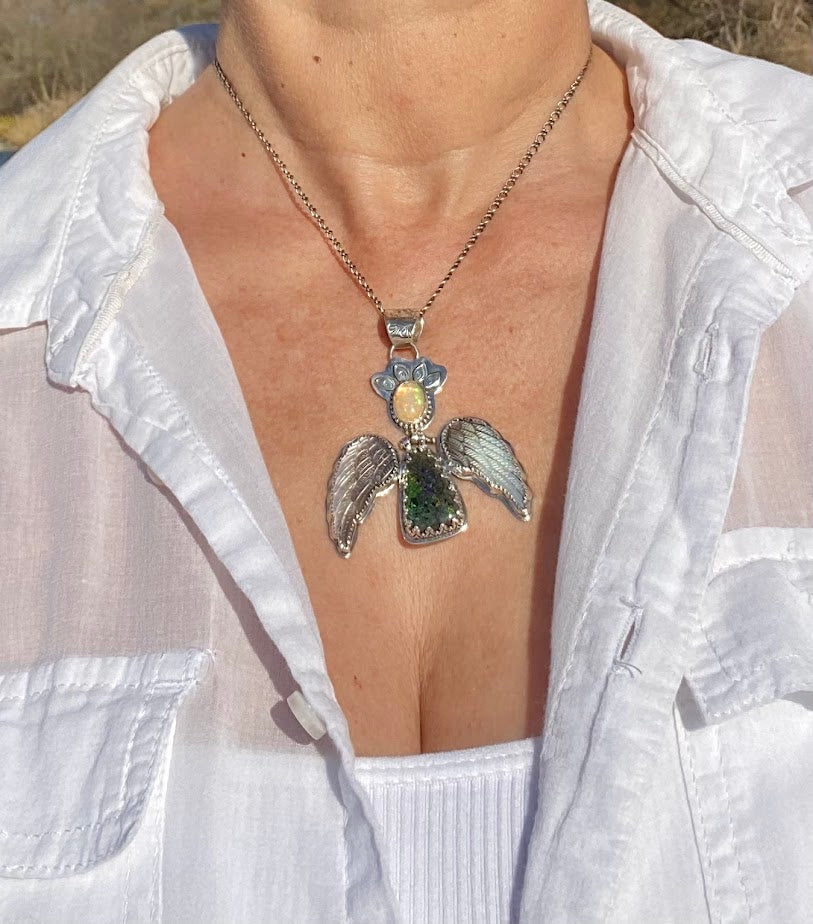 Angel necklace with opal, Andamooka Matrix Opal and hand carved Mother Pearl Wings