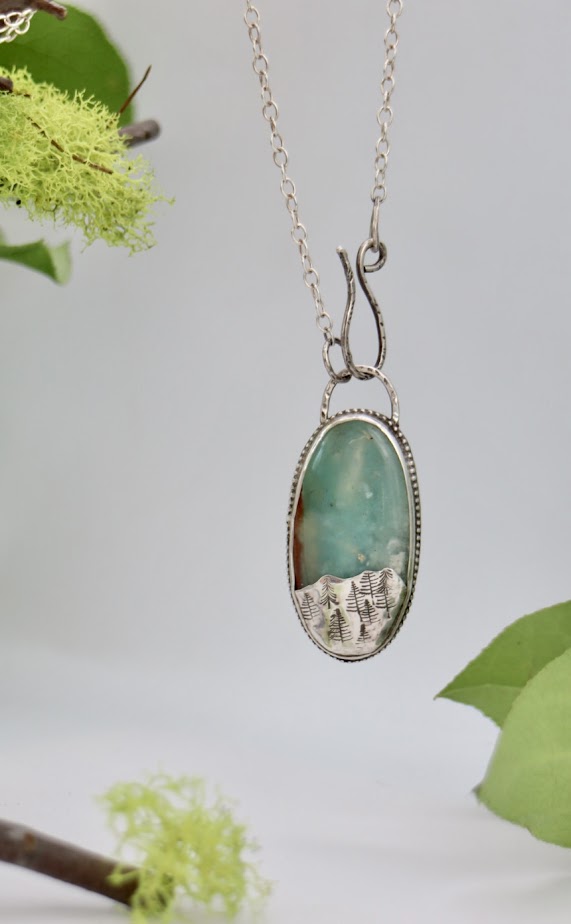 Aqua Chrysoprase Necklace, Nature Lovers, Tree stamp, botanic necklace