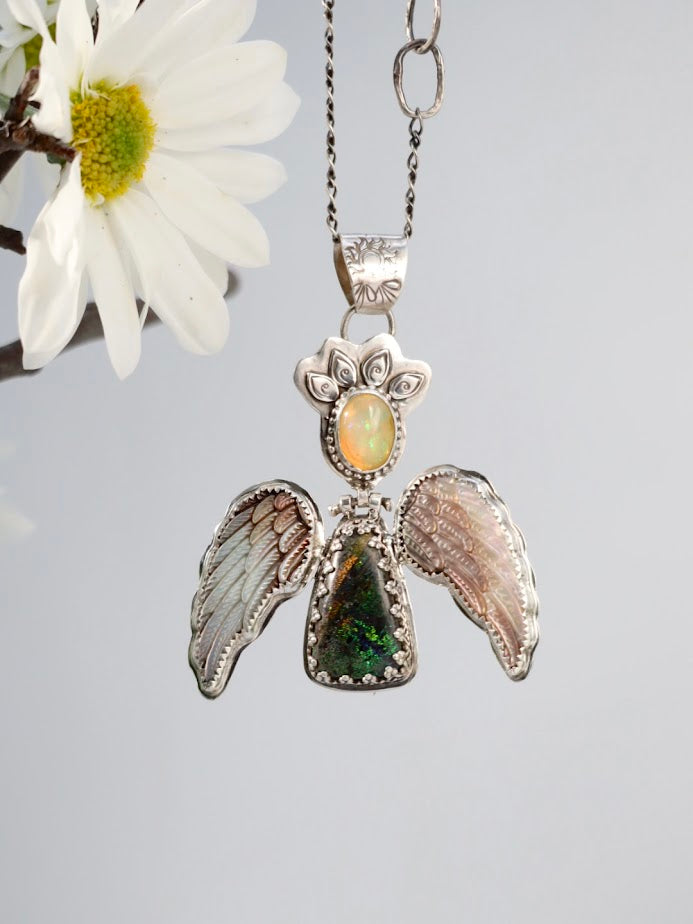 Angel necklace with opal, Andamooka Matrix Opal and hand carved Mother Pearl Wings