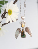 Load image into Gallery viewer, Angel necklace with opal, Andamooka Matrix Opal and hand carved Mother Pearl Wings
