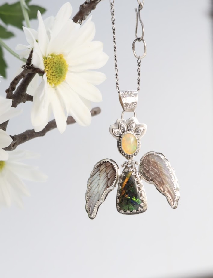 Angel necklace with opal, Andamooka Matrix Opal and hand carved Mother Pearl Wings