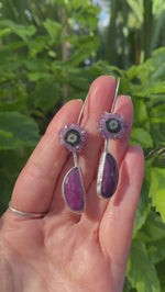 Load and play video in Gallery viewer, Amethyst stalactite and Ruby Earrings, two in one, handmade 925 sterling silve
