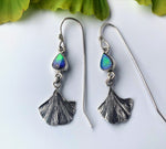 Load image into Gallery viewer, Ammolite and Ginkgo leaves Earrings, botanical jewelry
