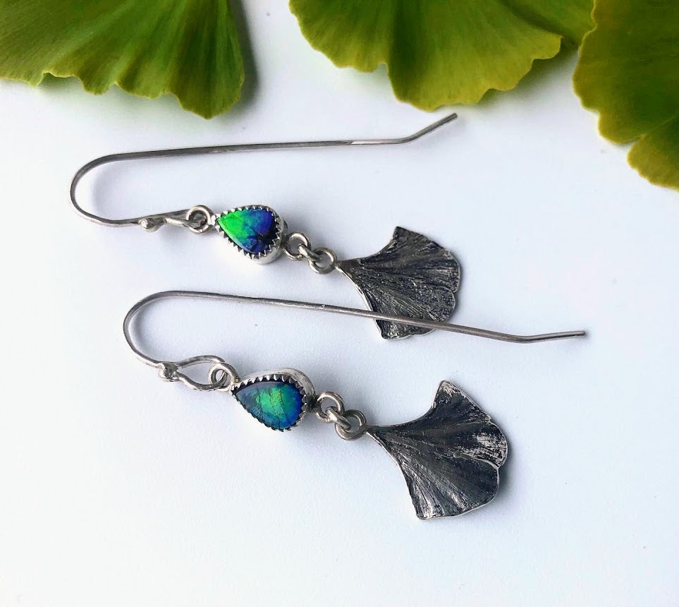 Ammolite and Ginkgo leaves Earrings, botanical jewelry