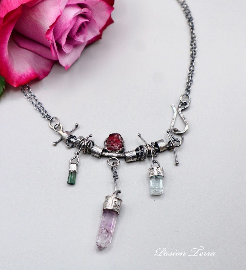 Lithium Quartz, Garnet, Aquamarine and Green Tourmaline necklace