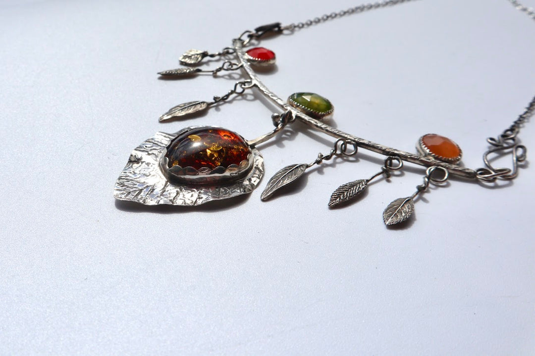 Amber, Vesuvianite, Peach moonstone and Carnelian Necklace, botanical jewelry