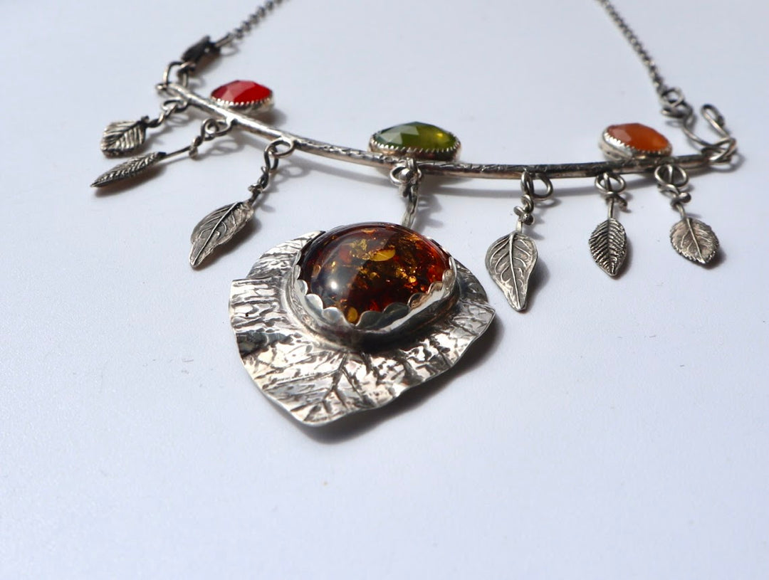 Amber, Vesuvianite, Peach moonstone and Carnelian Necklace, botanical jewelry