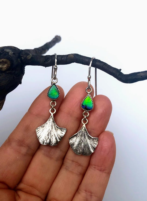 Ammolite and Ginkgo leaves Earrings