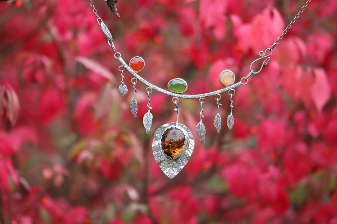 Amber, Vesuvianite, Peach moonstone and Carnelian Necklace, botanical jewelry