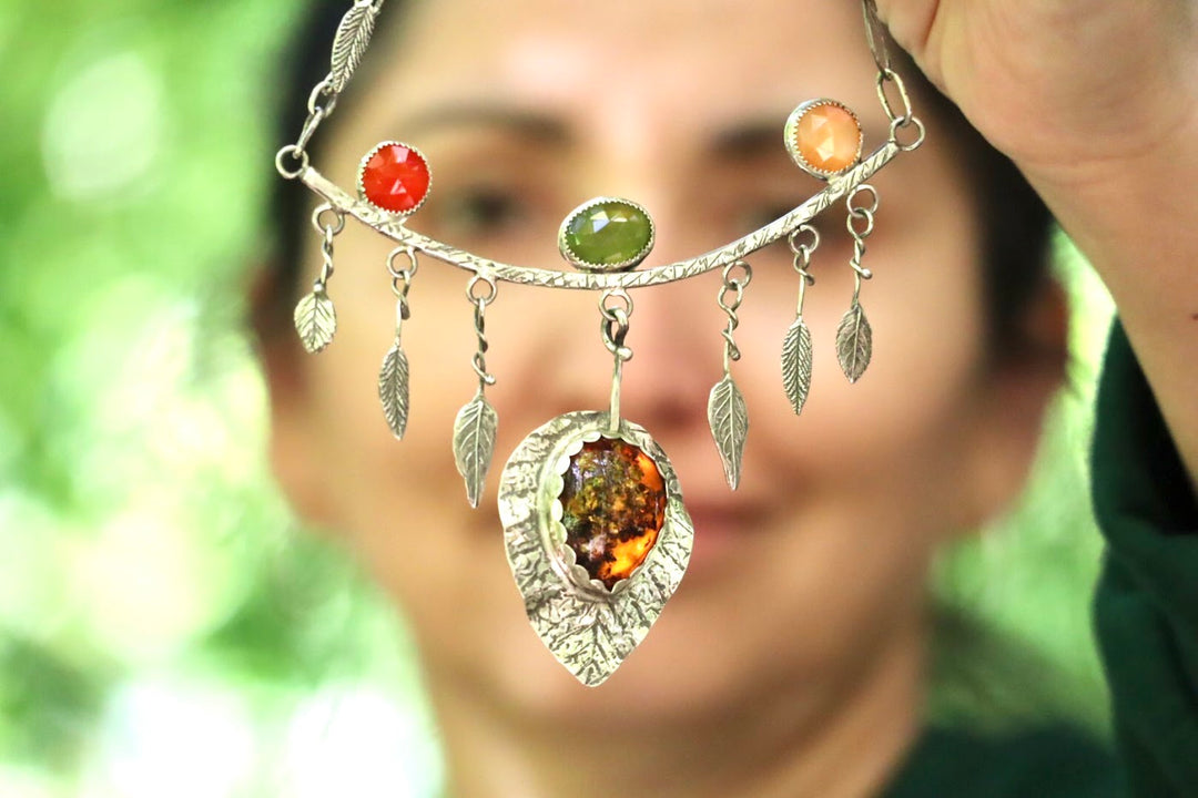 Amber, Vesuvianite, Peach moonstone and Carnelian Necklace, botanical jewelry