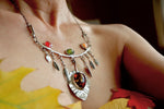 Load image into Gallery viewer, Amber, Vesuvianite, Peach moonstone and Carnelian Necklace, botanical jewelry
