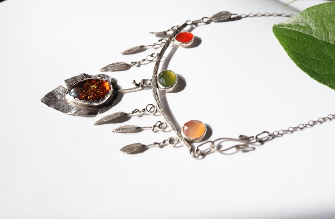 Amber, Vesuvianite, Peach moonstone and Carnelian Necklace, botanical jewelry