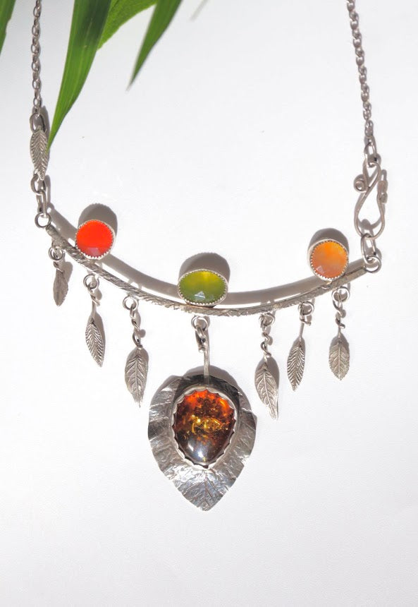 Amber, Vesuvianite, Peach moonstone and Carnelian Necklace, botanical jewelry