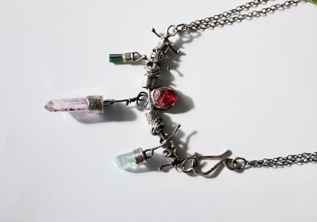 Lithium Quartz, Garnet, Aquamarine and Green Tourmaline necklace