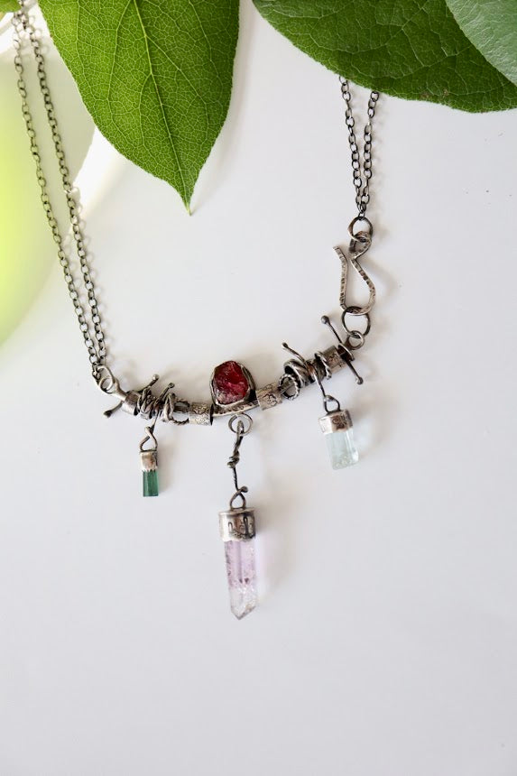 Lithium Quartz, Garnet, Aquamarine and Green Tourmaline necklace