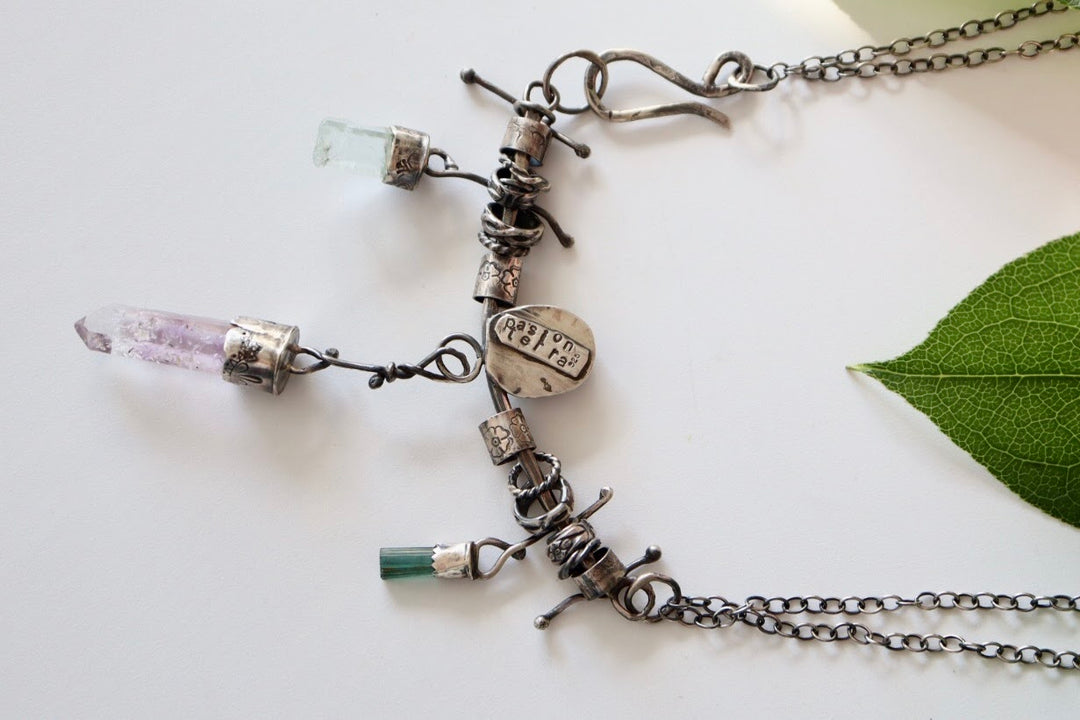 Lithium Quartz, Garnet, Aquamarine and Green Tourmaline necklace