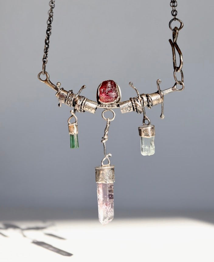 Lithium Quartz, Garnet, Aquamarine and Green Tourmaline necklace