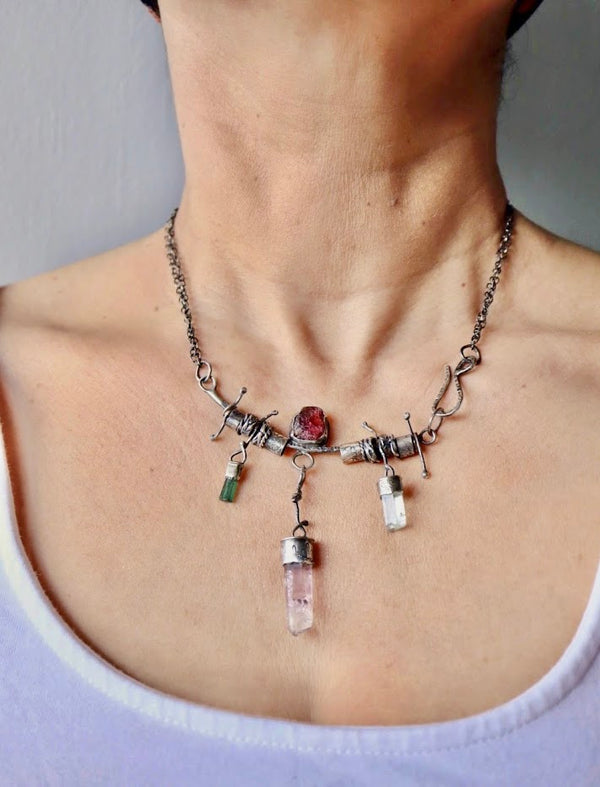 Lithium Quartz, Garnet, Aquamarine and Green Tourmaline necklace